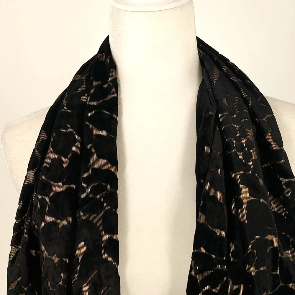 INC Animal Print Velvet Fringe Black Gold One Size Scarf - Picture 3 of 4